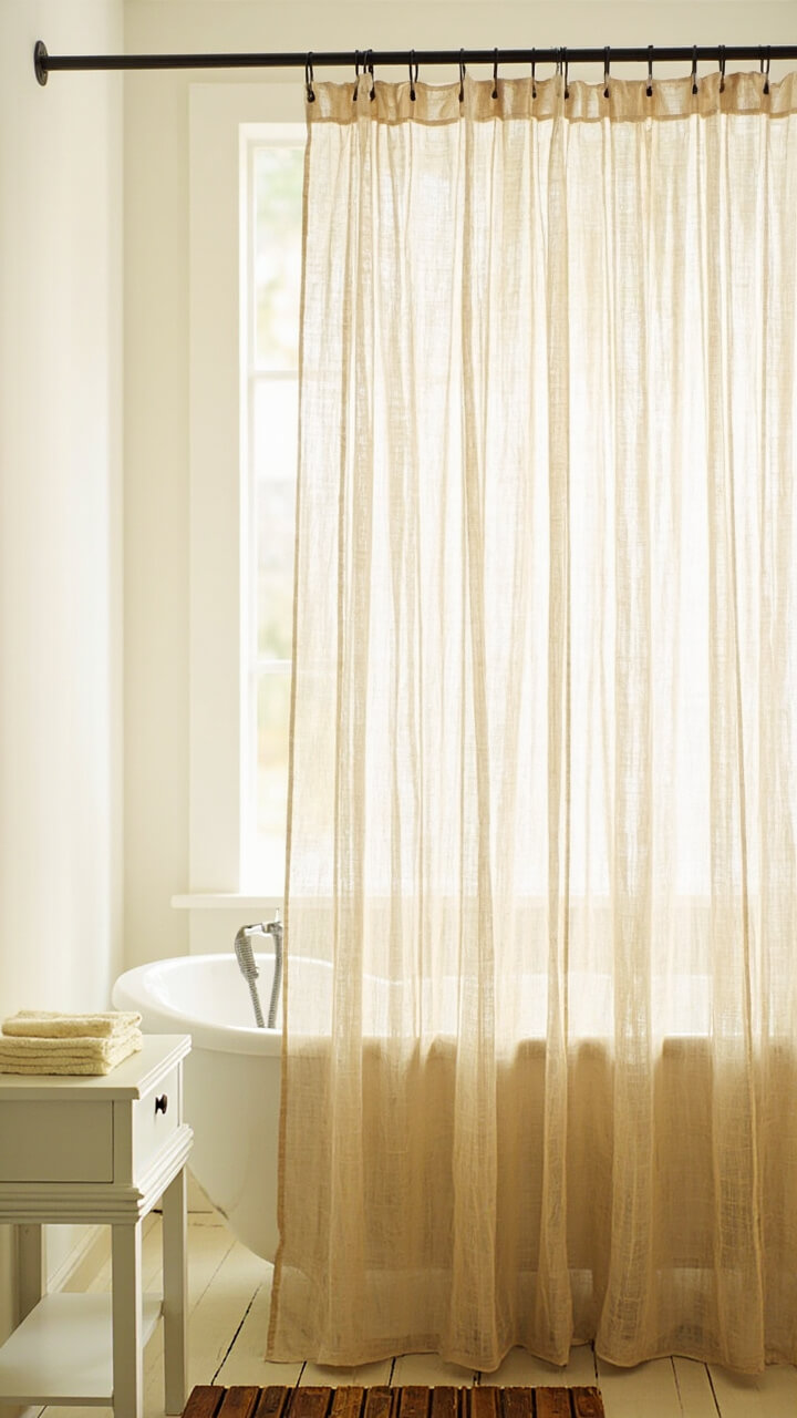 An oat waffle weave shower curtain hangs straight from matte black rings. A cedar slatted bath mat sits just outside the tub. A folded cream hand towel rests on the vanity beside the tub. The wall paint is warm white.