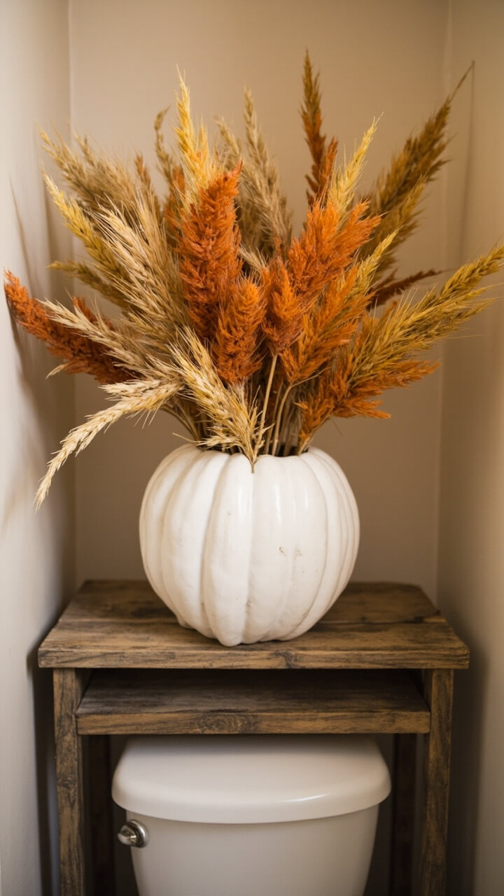 A medium white ceramic pumpkin is used as a vase and overflows with dried golden wheat and muted orange bunny tail grass. It sits alone on a rustic wood shelf above the toilet.