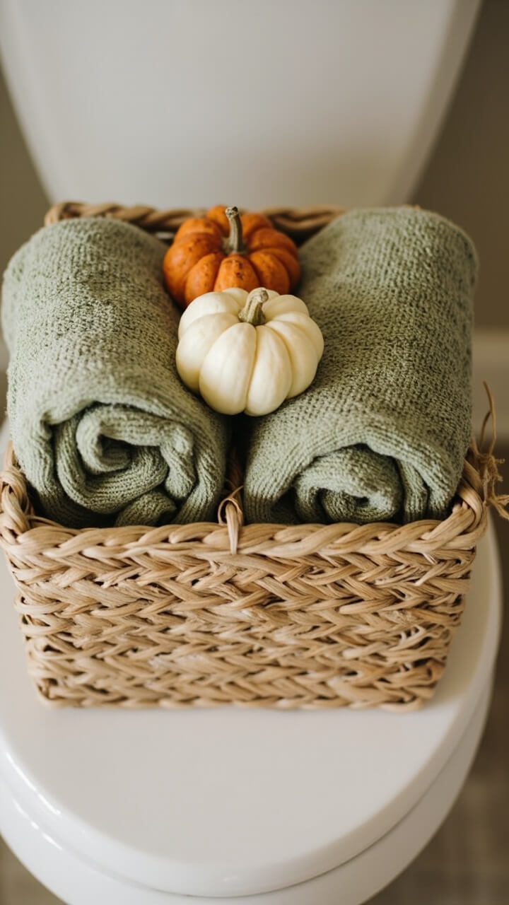 A natural woven basket filled with two rolled sage-green towels, resting atop a white toilet tank. Between the towels lie two mini pumpkins (one velvety off-white, one deep orange).
