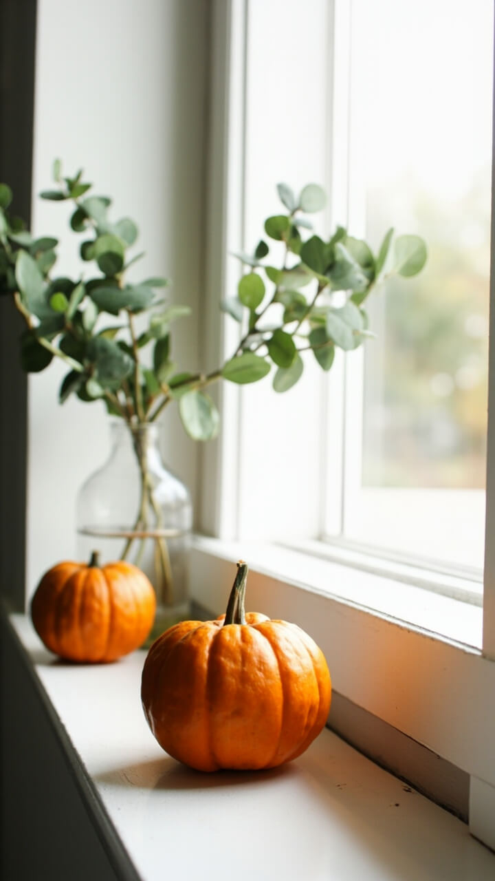 A white-painted bathroom windowsill with three tiny burnt-orange pumpkins spaced along the ledge. Between the pumpkins, short glass vases hold clusters of eucalyptus. The glass is fogged from a recent shower.