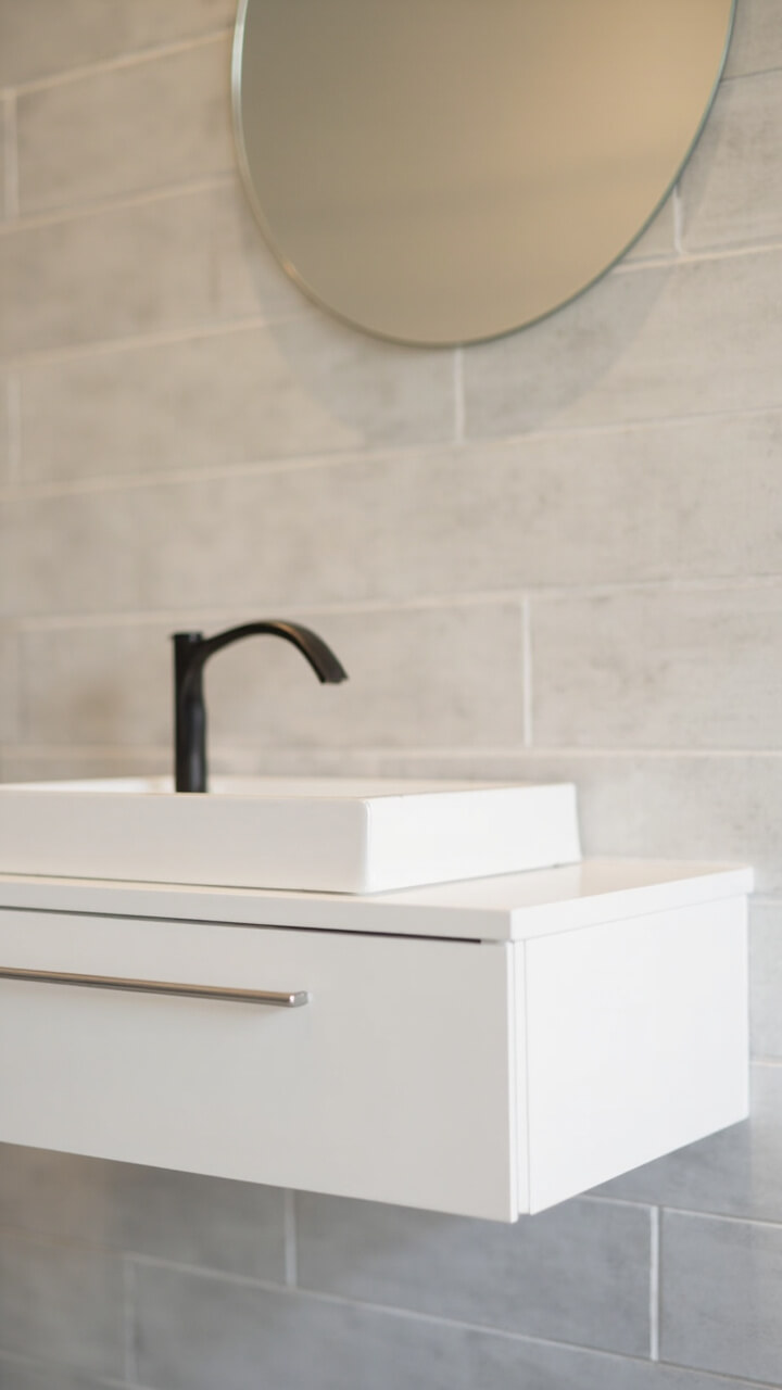 A matte white floating vanity with a single seamless drawer beneath a rectangular solid surface sink, wall-mounted matte black faucet, frameless round mirror, and pale gray tile backsplash.