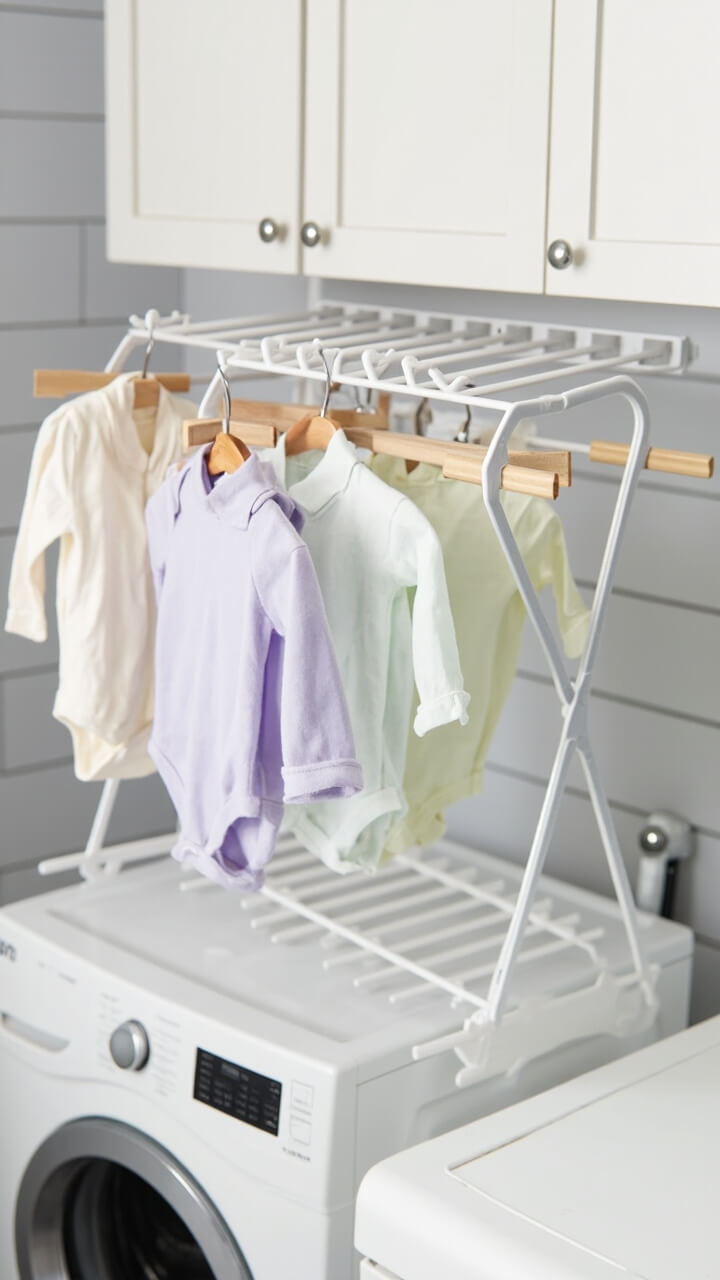 A sleek white wooden drying rack is mounted above the washer, folded out with wooden dowels extending out. A few pastel-colored shirts and baby onesies hang neatly. The backdrop is a light gray shiplap accent wall, with white cabinetry above.