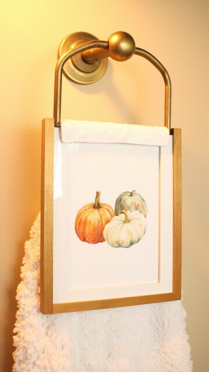A 5x7 art print of three watercolor pumpkins (one orange, one white, one greenish) in a slim natural wood frame hangs above a brushed brass towel ring holding a fluffy white towel.