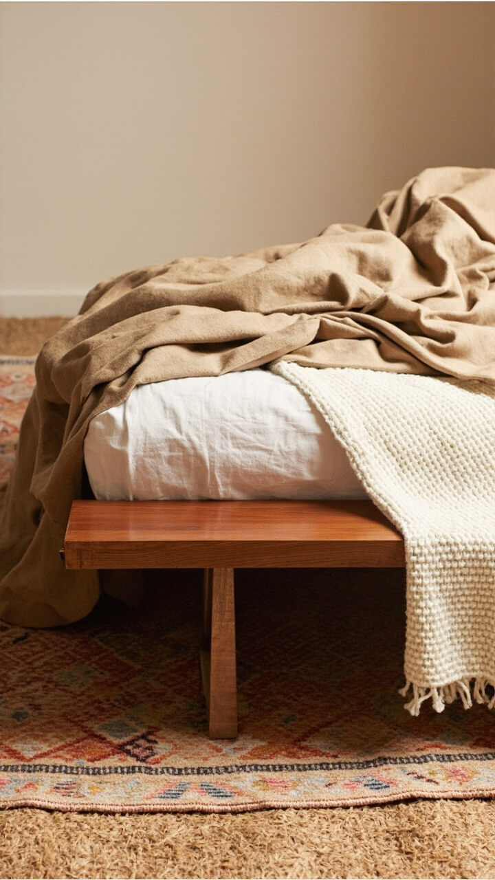 A low bed with a tan linen blanket sits atop a large plain jute rug, topped by a smaller Moroccan diamond print rug laid at an angle. There’s a slim wooden bench at the bed’s foot, with a cream throw draped across.