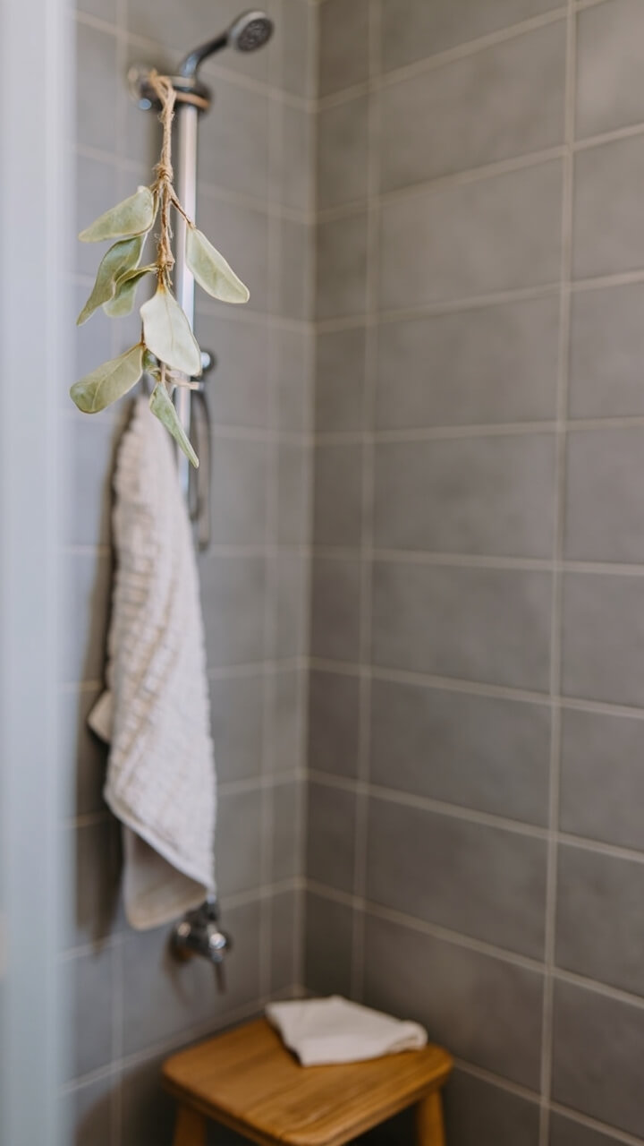 A small bundle of dried eucalyptus hangs from a chrome shower arm with natural jute twine. A neutral waffle towel is draped on a nearby hook. A compact teak bath stool sits in the corner of the tiled shower.