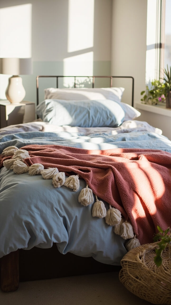 A mid-century bed with a dusty blue duvet is topped with a coral pink throw fringed with big cotton tassels, strewn loosely at an angle. One nightstand holds a smooth white ceramic table lamp, and a woven basket sits nearby.