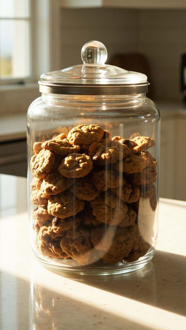 A wide, tall clear glass jar with a lid sits on a creamy quartz kitchen island, packed with golden oatmeal raisin cookies. The jar is the only item on the counter.