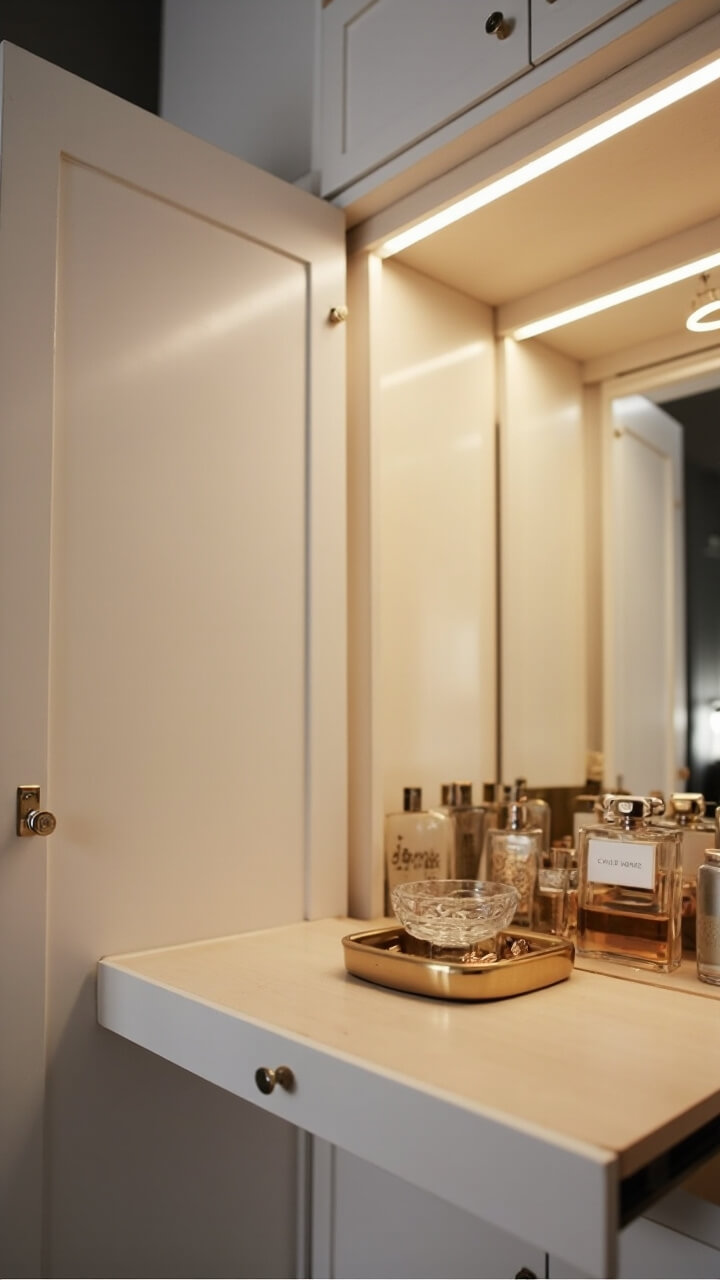 A white wardrobe interior with one door open, revealing a mirrored back panel. A pale wood shelf slides out, holding a gold tray with perfume bottles and a small vintage glass dish for rings. A soft round LED light glows above.
