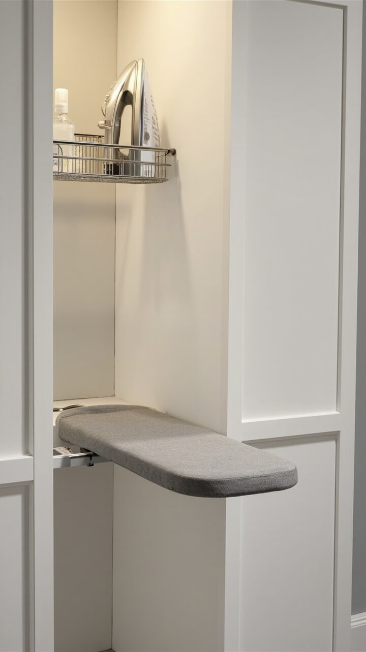 A section of white wardrobe doors, one open to reveal a slim built-in compartment. A padded grey fold-down ironing board swings out horizontally, with a wire basket above holding a steam iron and a bottle of linen spray.
