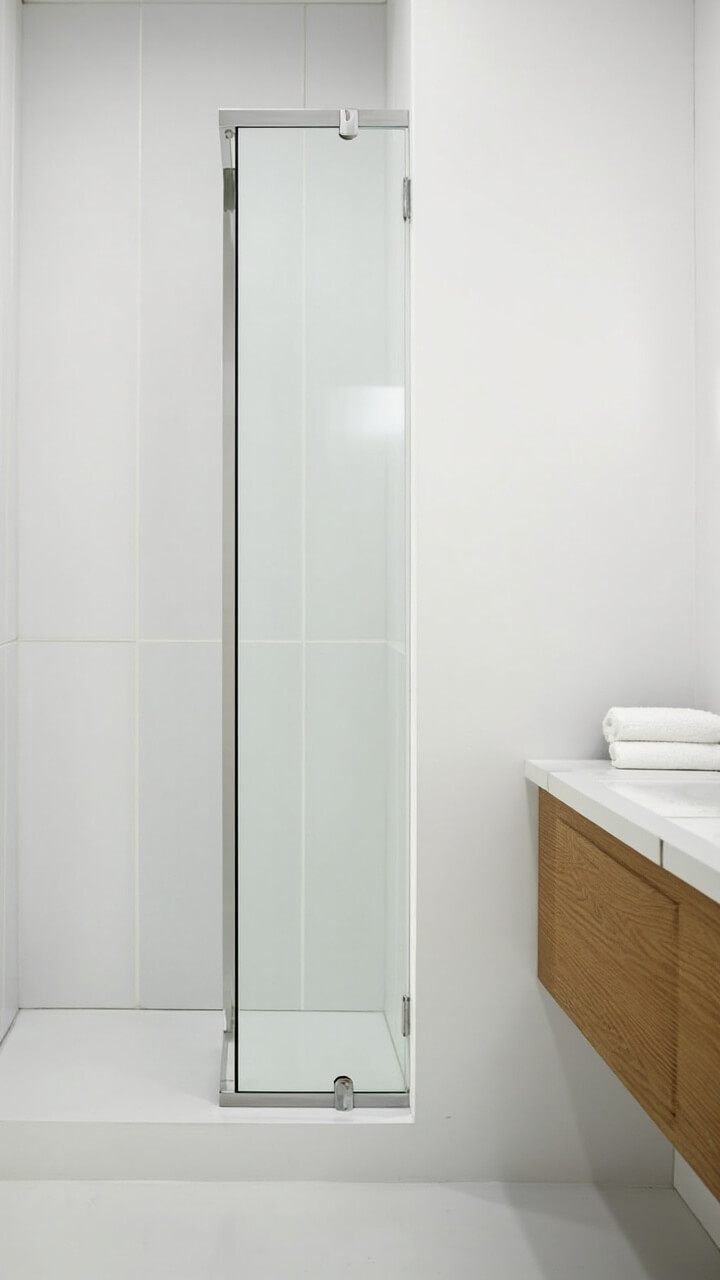 A small white bathroom with a frameless glass shower enclosure. The tiles are matte white, the hardware is brushed nickel, and there’s a light oak floating vanity with a single white towel folded neatly on the corner.