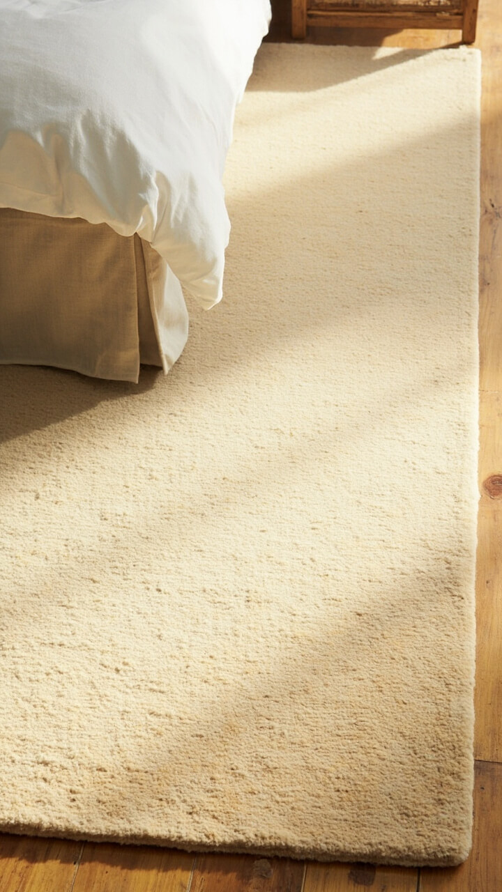 A plush, low-pile wool rug in warm beige sits under the bed, extending out on all visible sides. The rug has no borders or patterns, just a pure, uniform tone.
