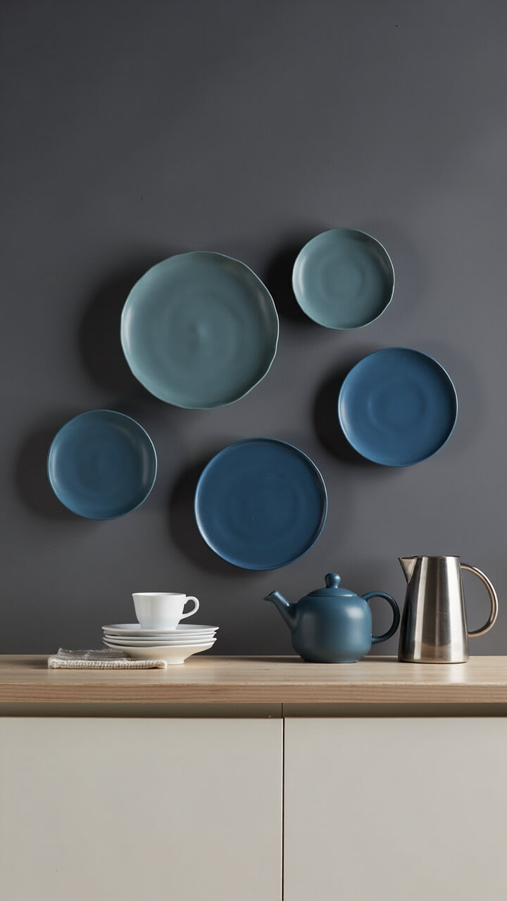 A slate-gray wall above a pale birch countertop features five round matte blue ceramic plates in an abstract cluster. A matching matte blue teapot sits on the counter, next to stacked white tea cups and a stainless steel electric kettle.