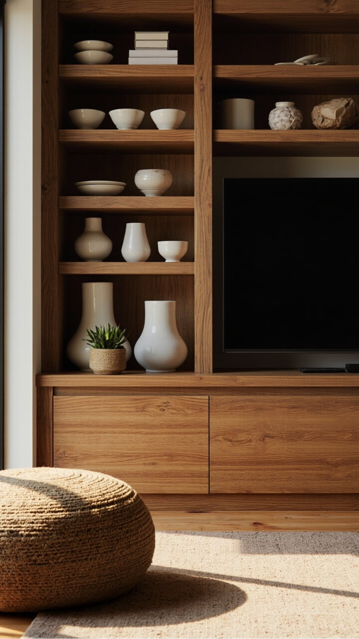 L-shaped oak unit with the TV slightly off-center, open bookshelves on the left filled with white pottery. The top holds a single small potted succulent. The floor shows a woven jute pouf nearby.