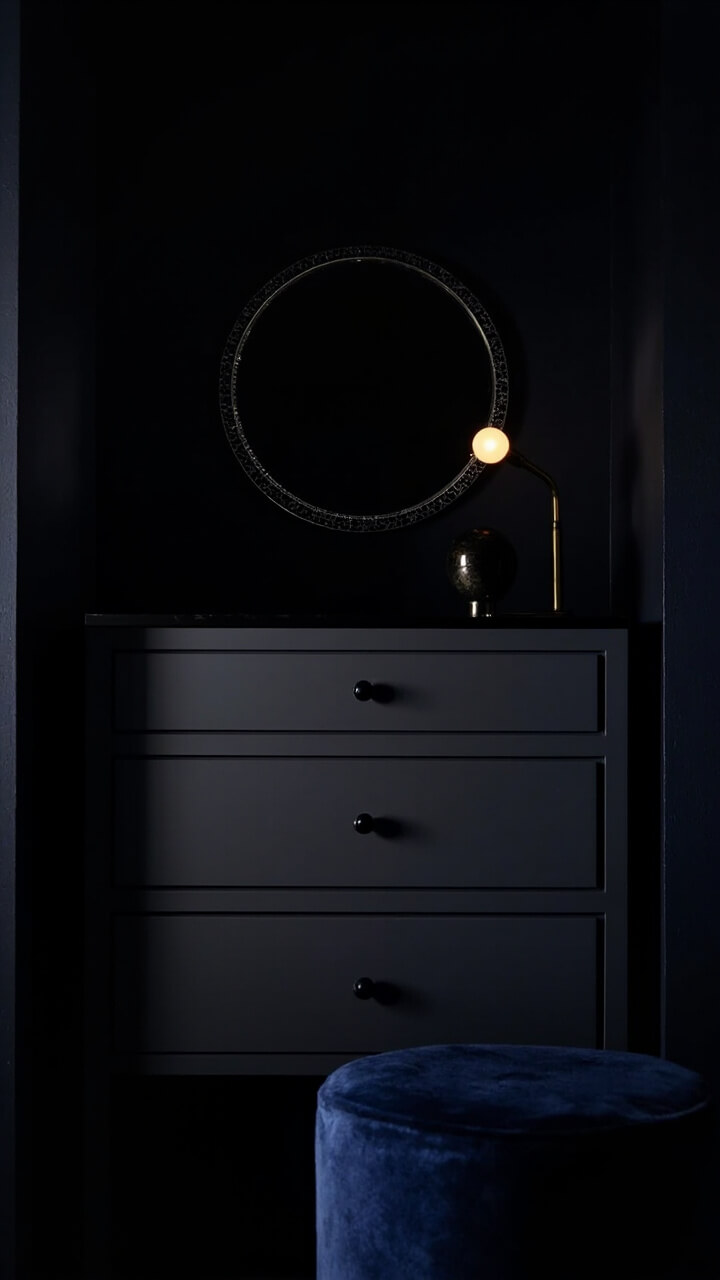 A matte charcoal vanity with three sleek black-handled drawers sits in a bedroom alcove. Above, a round smoked glass mirror floats on a navy wall. A single brass desk lamp casts a soft ambient light, and a velvet midnight blue stool adds coziness.