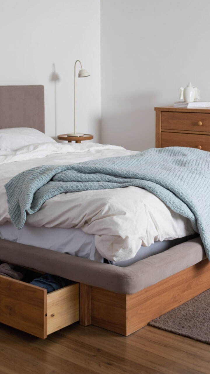 A taupe upholstered bed with two large wood drawers tucked underneath dominates the room. One drawer is pulled halfway open, revealing neatly folded jeans and sweatshirts. The rest of the room is uncluttered, with a small round wood bedside table, a white lamp, and a pale blue knit throw over the duvet.