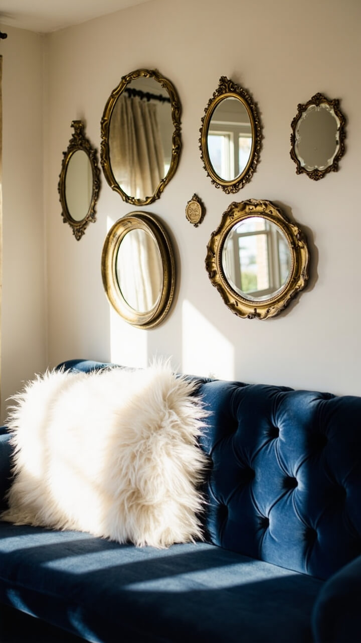 A living room wall with seven assorted small antique mirrors, each with slightly tarnished gold or bronze frames. They’re clustered over a navy velvet sofa with a tufted back and a white faux fur pillow. Morning light gives the mirrors a subtle sparkle.