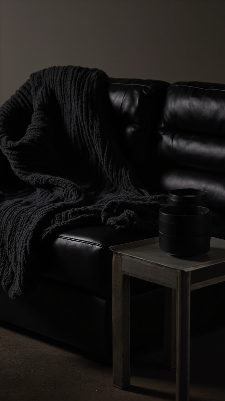 A sleek black leather sofa is adjacent to a square raw steel side table. An oversized dark gray cable knit throw fans out over the seat. On the table sits a single matte black candle.