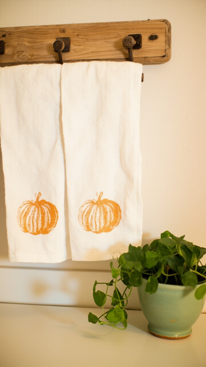 Two white flour sack towels with faded orange pumpkin stamps are folded on a rustic pine towel rack, next to a small sage-green ceramic planter holding a pothos cutting.