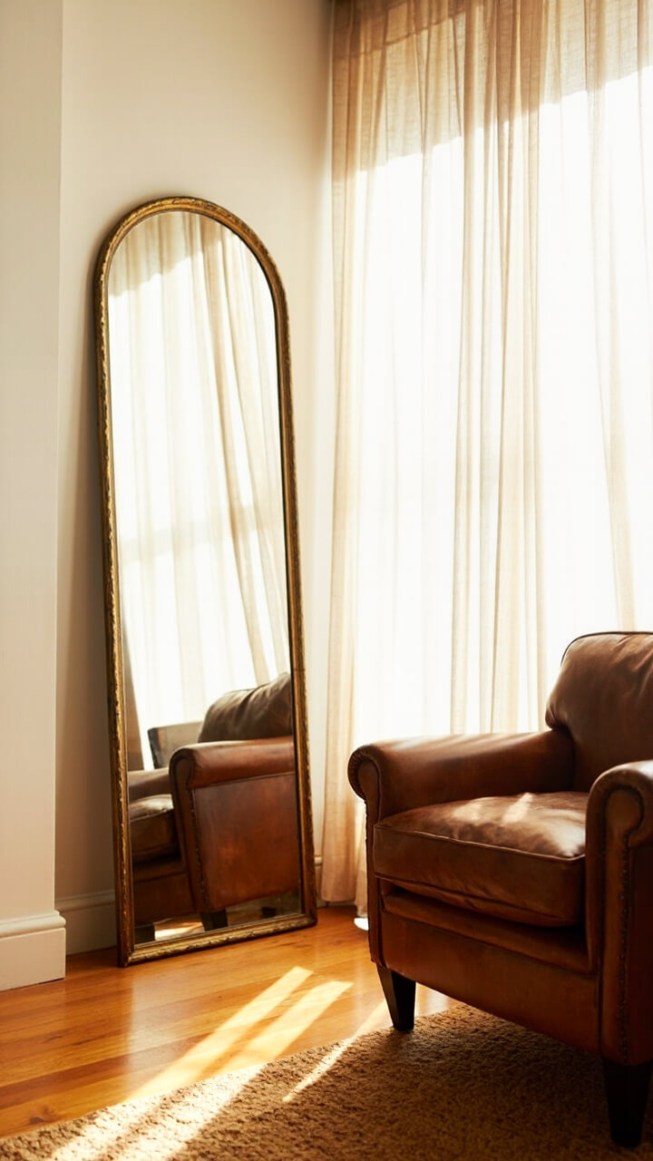 A tall, arched brass-framed mirror leans against a white living room wall beside a large window draped with sheer linen curtains. Sunlight reflects on the warm wood floor. Nearby, a tobacco leather armchair and jute area rug ground the look.