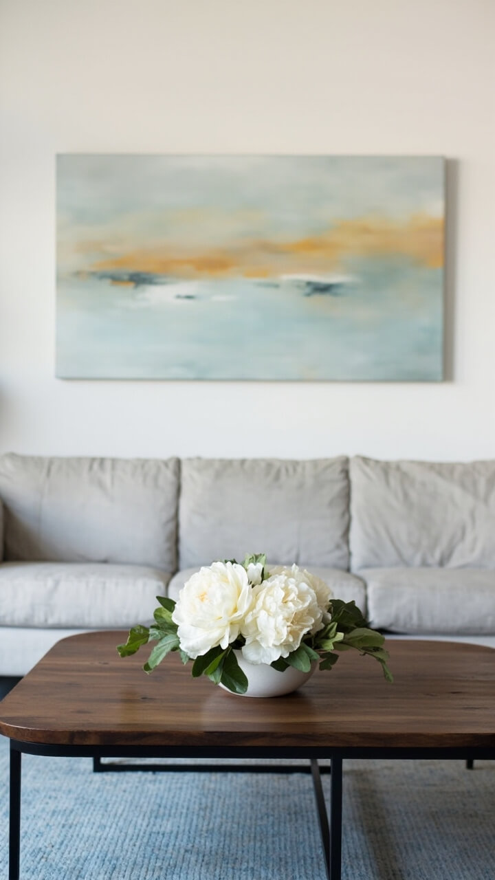 A 48-inch-wide abstract painting in soft blues and ochres hangs above a tailored light gray sofa. On the modern walnut coffee table, a single ceramic bowl holds white peonies. Underfoot lies a minimalist light blue rug.