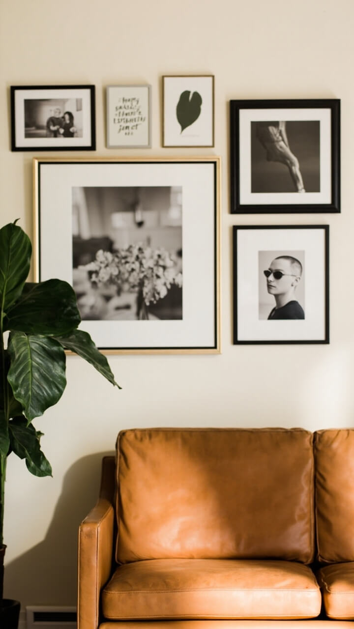 A soft ivory wall anchors an arrangement of seven framed pictures, mixing black, walnut, and gold frames. The largest is centered and flanked by smaller ones—photos, minimalist art, and a hand-lettered quote. A mid-century tan sofa sits below the gallery. There’s a leafy fiddle leaf fig in the corner but minimal distraction, so the framed wall is the visual anchor.