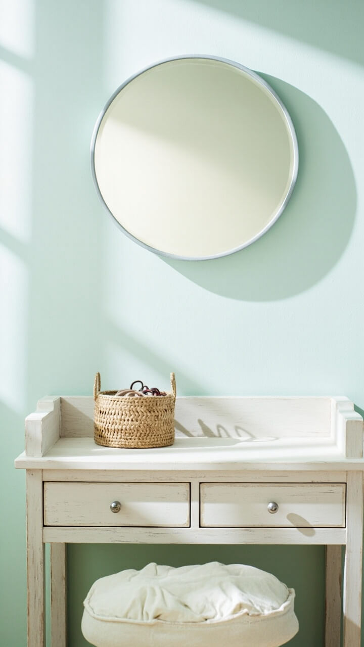A whitewashed driftwood vanity with two extra-wide drawers sits flush to a pale aqua wall. A round sea glass mirror hangs above, and sea grass basket holds hair ties. The simple off-white upholstered stool ties it all in.