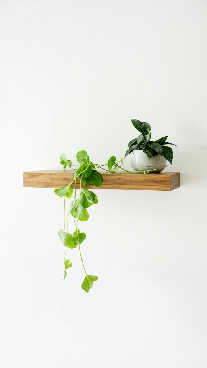 A floating birch shelf is mounted to a cool white wall. A medium pothos trails from one end and a small ZZ plant in a concrete pot sits at the other, nothing in between.