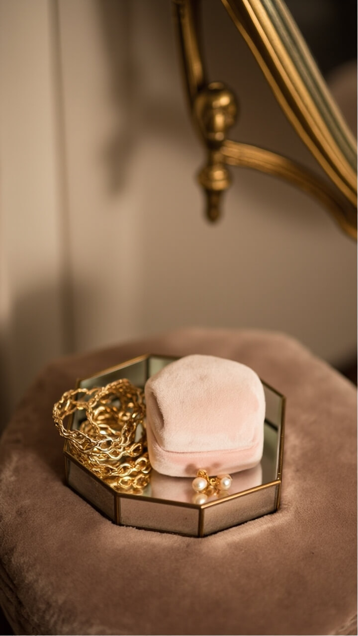 A small octagonal mirror tray rests on a taupe velvet vanity stool in front of a brass arched vanity mirror. On the tray: a pale blush velvet ring box, layered gold bracelets, and a pair of pearl stud earrings.