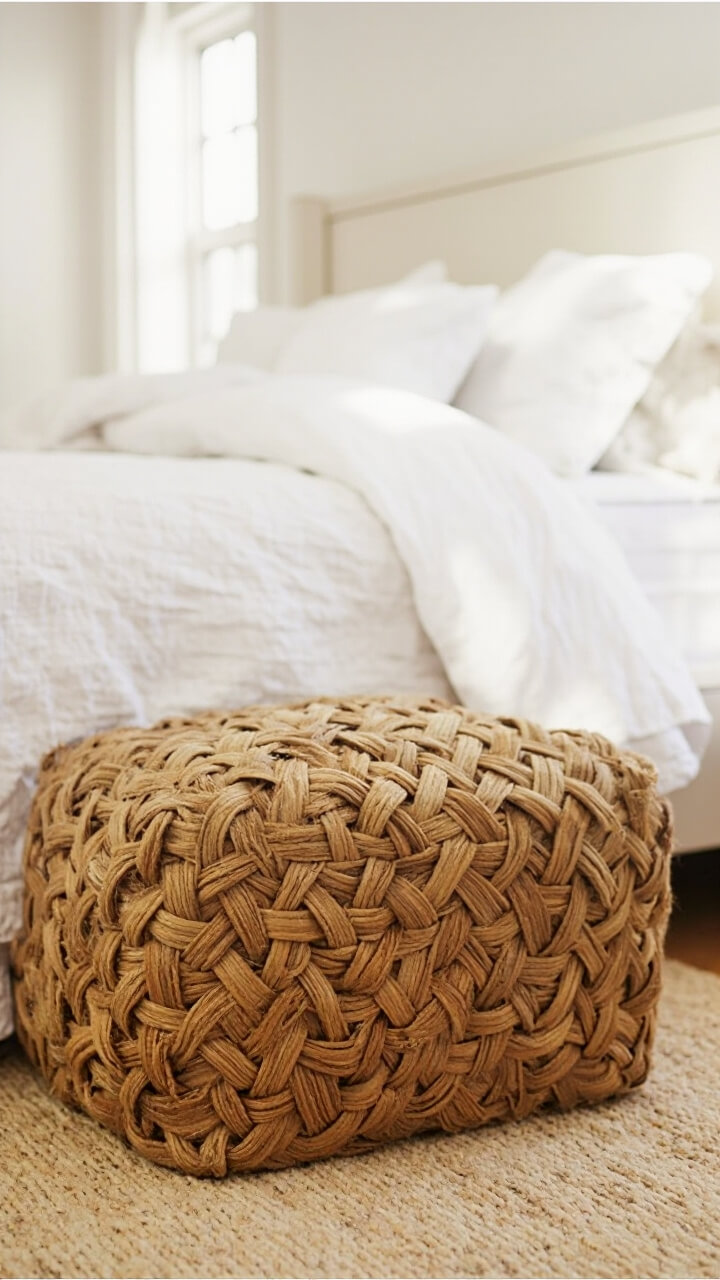 A sand-colored chunky woven pouf sits at an angle near the bed’s foot on a pale jute rug. The pouf’s heavy texture stands out in the otherwise smooth room.