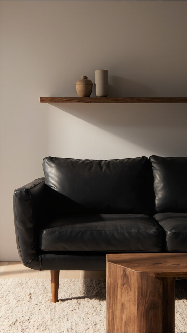 A matte black sofa with a wide-grain walnut wood coffee table in front. There’s a matching walnut floating shelf above, holding just two minimalist ceramics. Pale beige rug grounds the look.