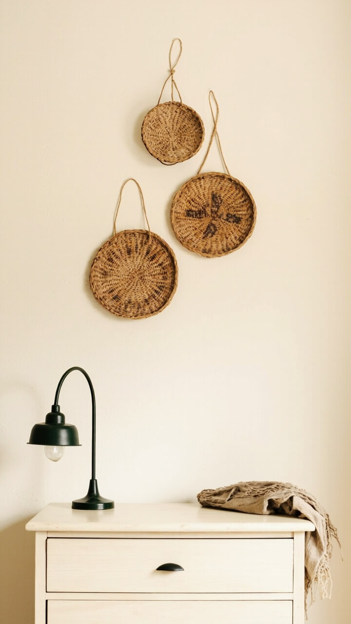 Three round woven baskets (assorted natural designs) are hung in a loose triangular pattern against a creamy off-white wall. A pale wood dresser sits below with a single dark green lamp.