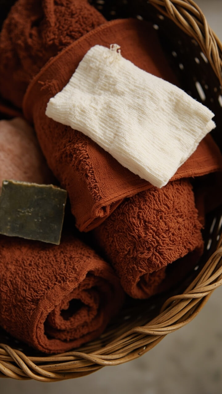 A low seagrass basket sits on the floor beside the vanity. Two rust bath towels are rolled inside. A small stack of cream washcloths rests on top. A cedar soap bar sits on the corner of the basket.