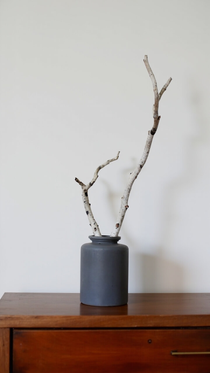 A matte gray cylinder vase sits on a chestnut dresser, holding a single twisting birch branch. There’s nothing else on the surface.