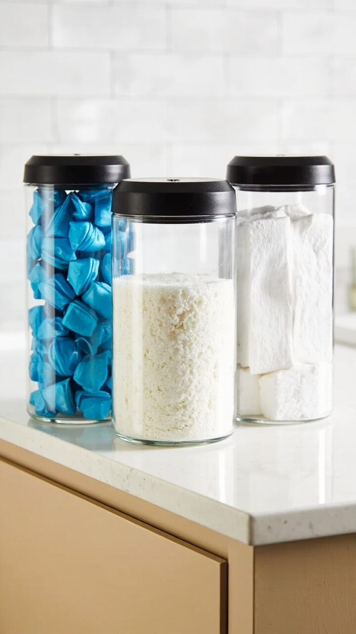 Three tall glass canisters with black lids flank the end of a slim counter. One’s filled with blue laundry pods, one with powder, and the other with white dryer sheets. The counter is soft beige, and the backdrop is a white subway tile wall.
