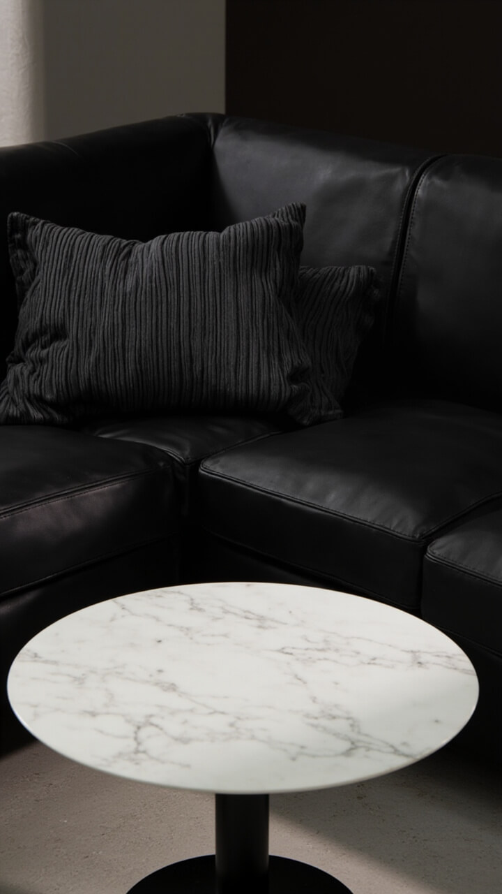 A black sofa centered around a small round white marble coffee table, with a brass dome table lamp glowing off to the side. Two slate gray ribbed pillows provide contrast.