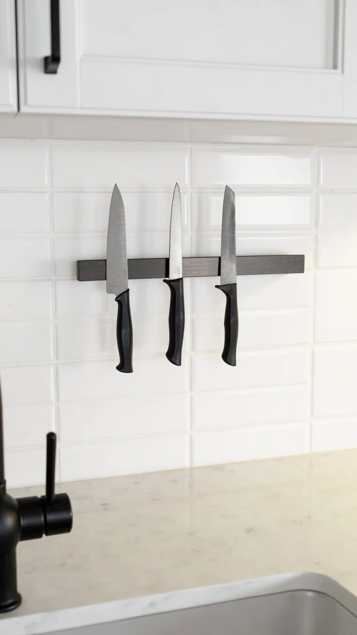 A stainless steel knife strip is mounted horizontally on white subway tile above a seamless pale quartz countertop. Three chef’s knives with matte black handles are spaced out evenly on the strip. Below, just the edge of a modern black faucet and an integrated sink are visible alongside white cabinets.