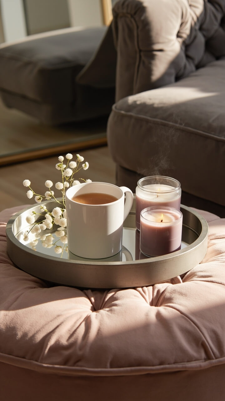 An oval mirror tray sits on a low, tufted blush velvet ottoman next to an overstuffed gray armchair. On the tray: a white ceramic mug filled with tea, a mauve soy candle jar, and a tiny sprig of baby’s breath. The corner features a vertical frameless mirror resting on the floor, reflecting the nook.