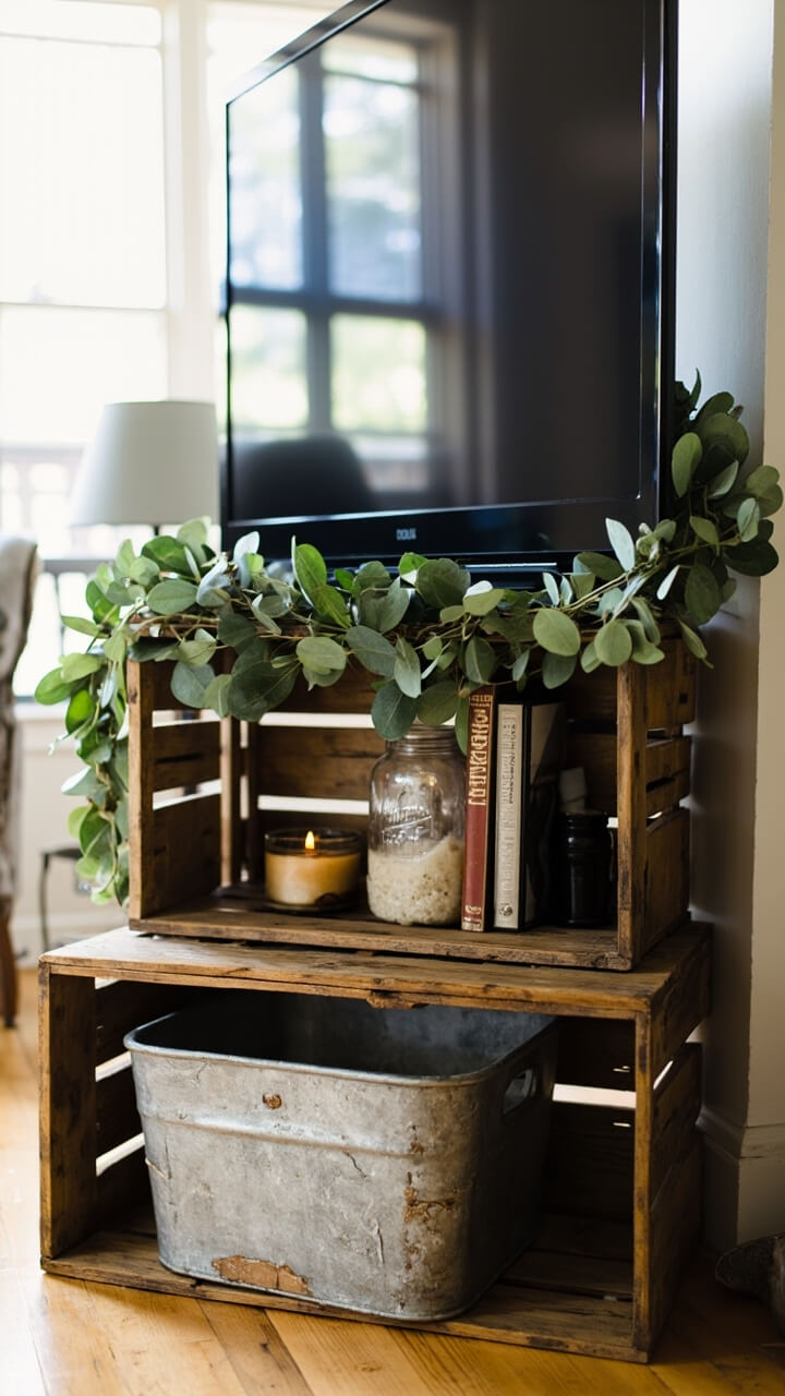 Three weathered wooden crates, stacked and staggered in a right-angled corner formation, hold a 38-inch TV. The bottom crate houses a galvanized tin bin for remotes, while the middle crate displays two old hardcover novels and a vintage mason jar candle. A faux eucalyptus garland drapes softly across the top crate.