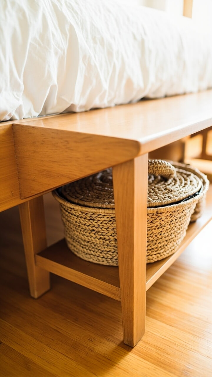 A medium-sized lidded seagrass basket is tucked neatly under a light oak bench at the end of the bed. The rest of the floor is bare and visible.