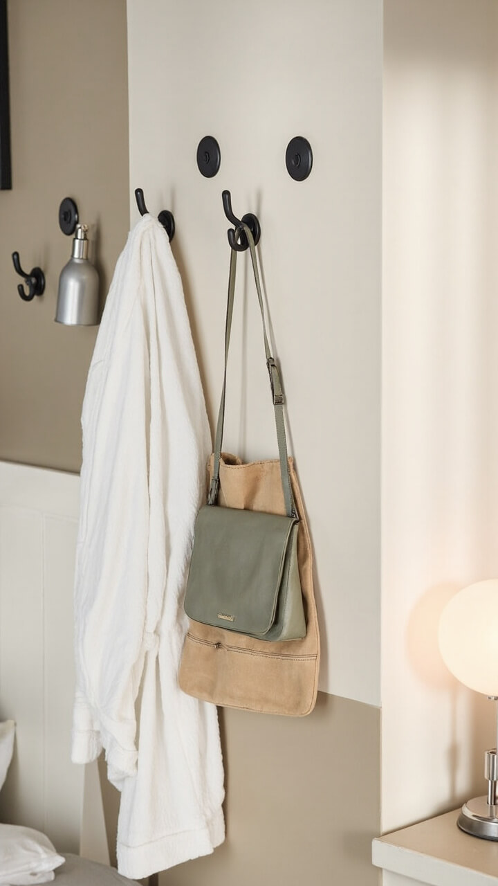 Three matte black metal wall hooks are mounted near the bedroom door, holding a white robe, tan canvas tote, and sage green crossbody bag. The backdrop is a light taupe wall. The edge of a white panel bed is visible beside a round silver lamp on the nightstand.