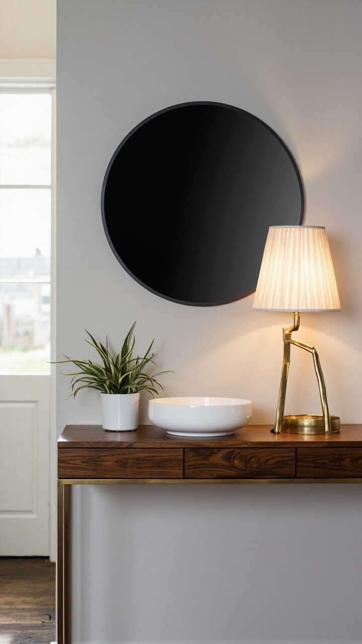 A matte black round mirror hangs above a narrow walnut console table against a soft gray wall. On the table: a white ceramic catchall bowl, a sculptural brass lamp, and a small potted snake plant. Natural light filters through a sidelighted door.