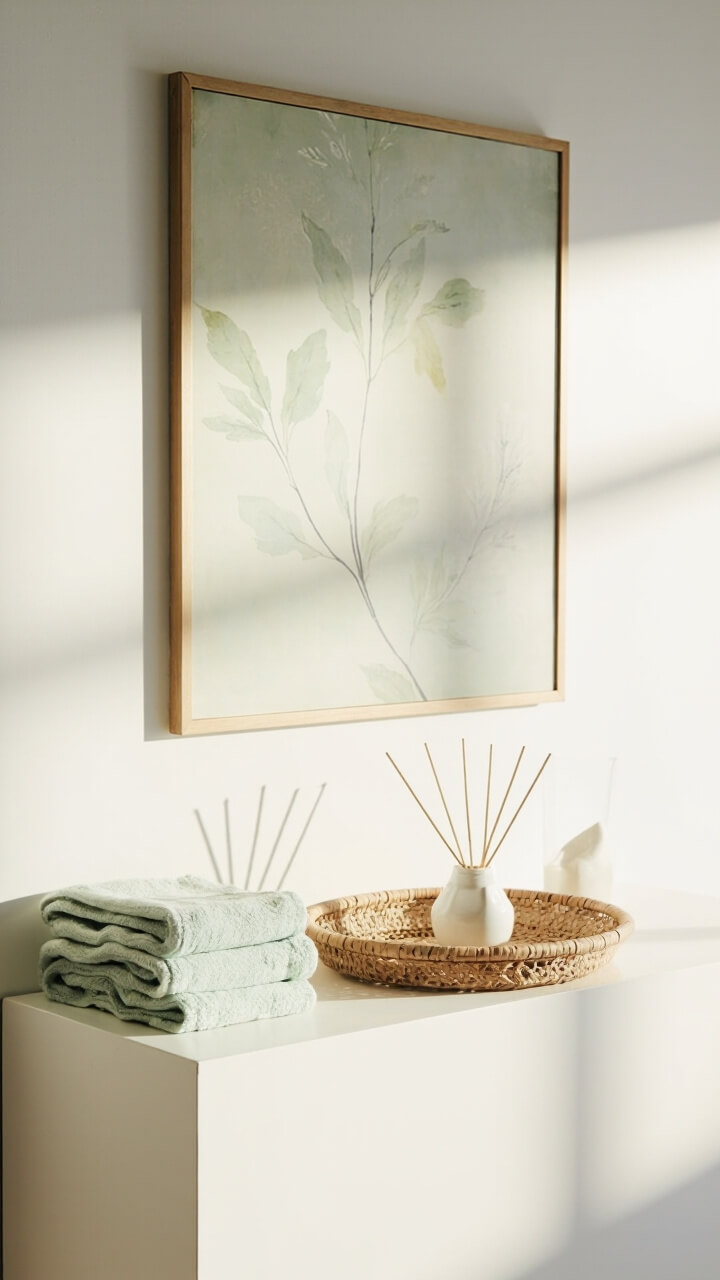 A large unframed botanical art print in muted greens and creams hangs above a white console table. On the table, there’s a small stack of pale green towels and a rattan tray holding a white reed diffuser.