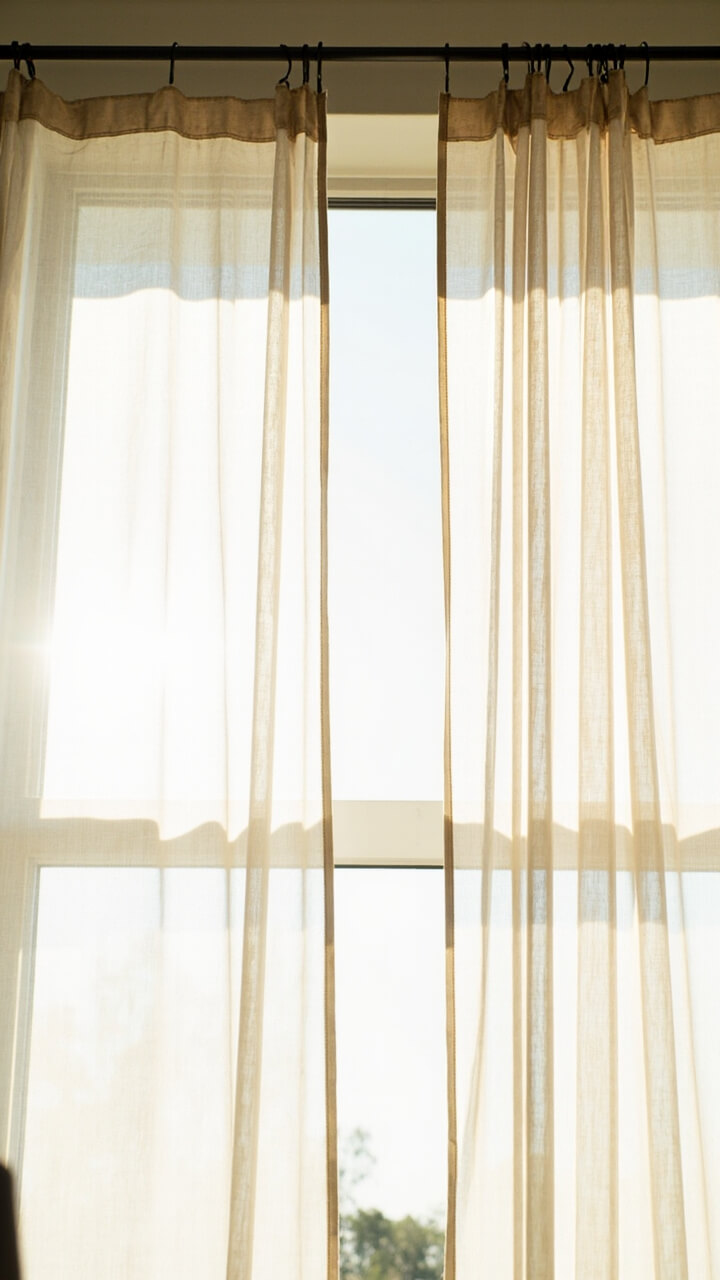 Two ivory linen curtain panels hang from a thin black rod above a large window. The curtain fabric is lightweight, allowing filtered light inside.