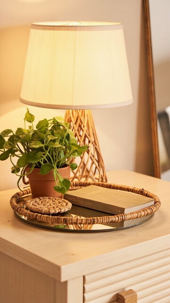 A round mirror tray with a thin bamboo edge sits atop a pale wood nightstand, next to a rattan table lamp. On the tray: a woven rattan coaster, a mini trailing pothos in a terra cotta pot, and a paperback book. A slim, ribbed glass wall mirror leans behind the nightstand.
