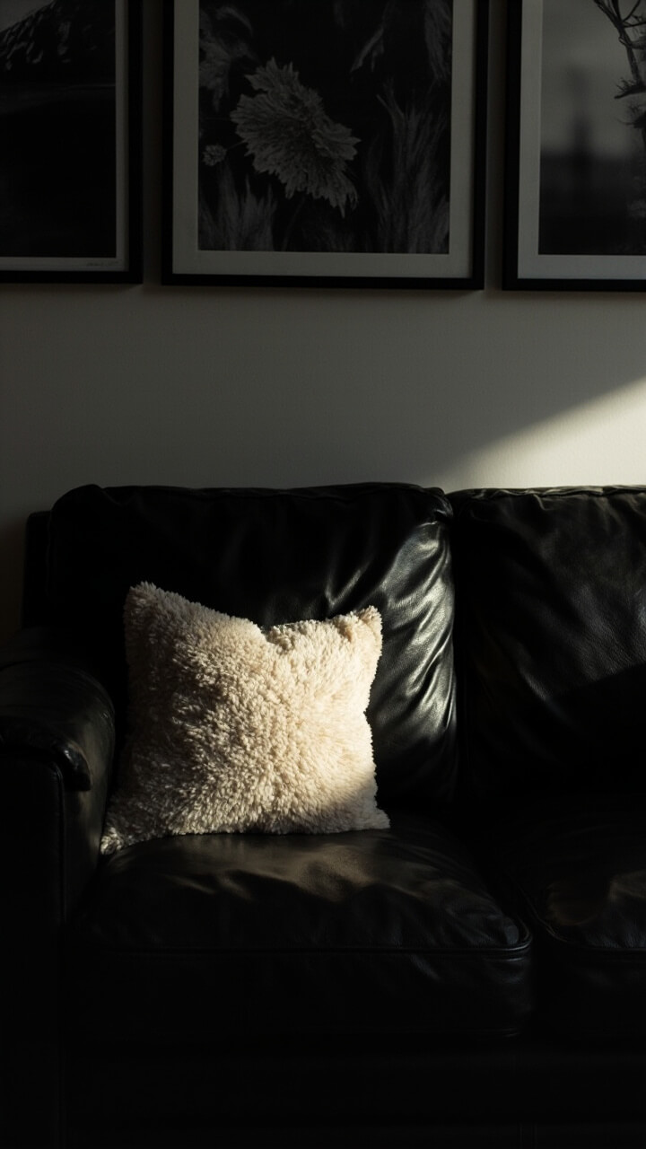 A black sofa sits below a row of black-framed prints in grayscale—think abstract art and moody black-and-white photography. A single cream bouclé pillow breaks up the darkness.