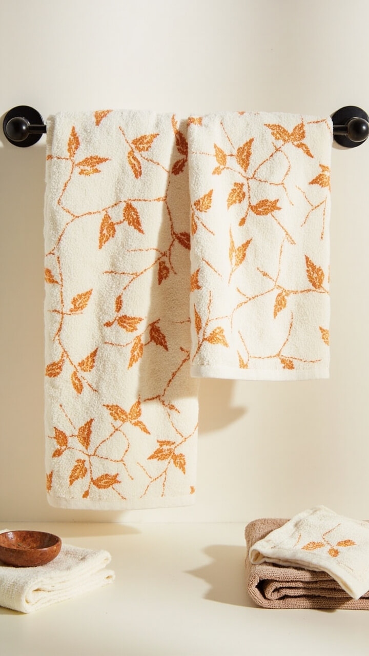 Two bath towels with a soft cream base and an all-over simple leaf print in burnt orange and gold shades hang on a black towel bar. A small folded beige hand towel sits on the counter next to a cinnamon brown soap dish.