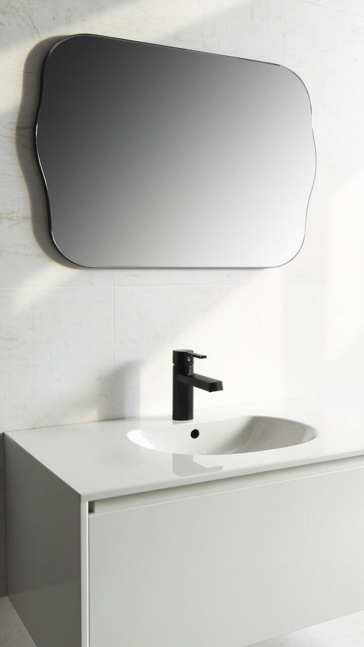 Flat slab white vanity, wide single-basin sink, thin-edged irregular organic-shaped mirror in matte black, barely-there matte black faucet, pale stone wall.