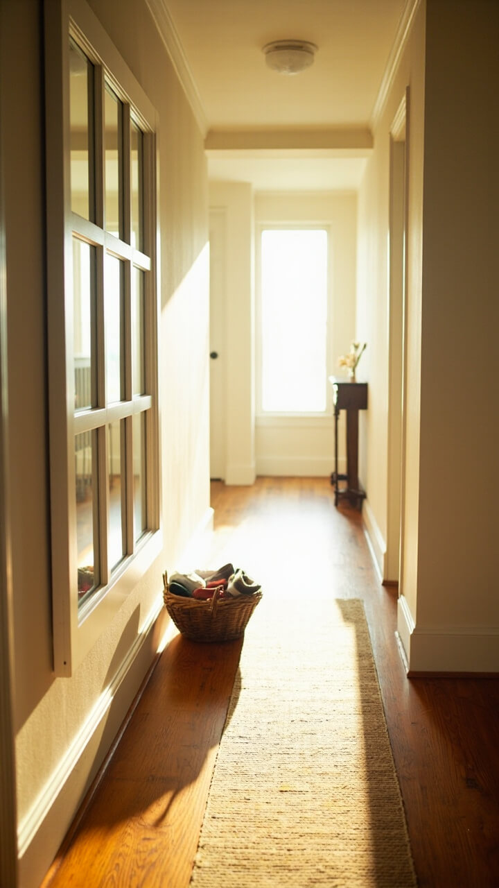 A long hallway with a large, white windowpane mirror hung above a natural seagrass runner. Sunlight is reflected from an open door at one end. There’s a woven basket holding extra slippers under the mirror.