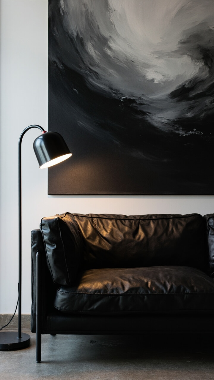 A black sofa faces out, topped by one oversized canvas in stormy gray and black abstract art. A minimalist black metal floor lamp stands off to the side.