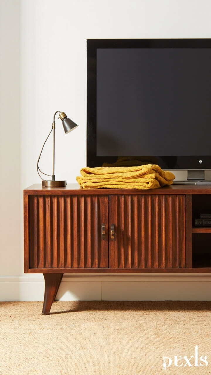 A low-profile, midcentury walnut TV stand with fluted wood doors sits on short tapered legs. The top surface has one bronze-accent lamp and a folded mustard throw. The unit faces a simple pale jute rug with no other major distractions.